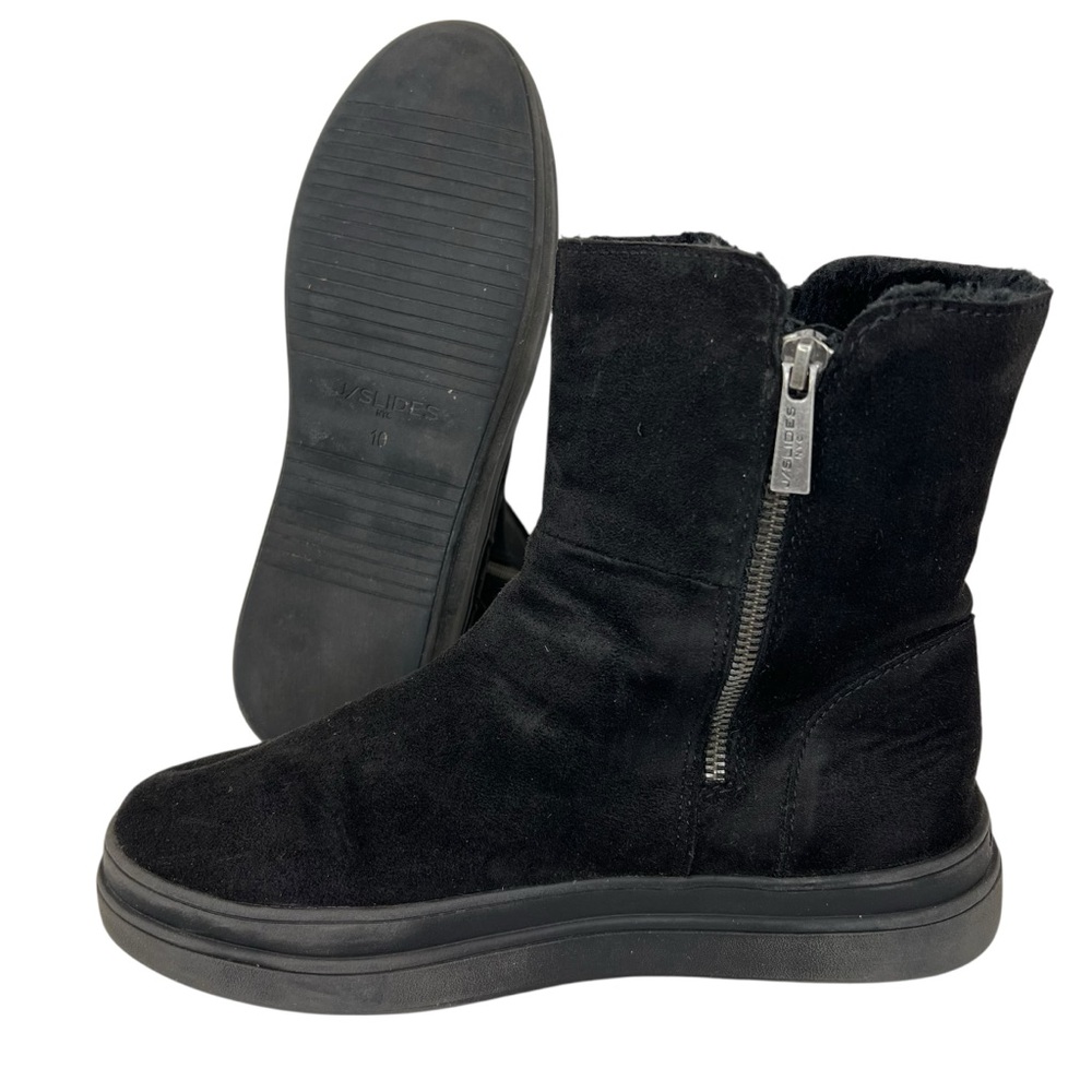 J/SLIDES NYC Black Suede Zip Boots 10 Fur Lined Comfy